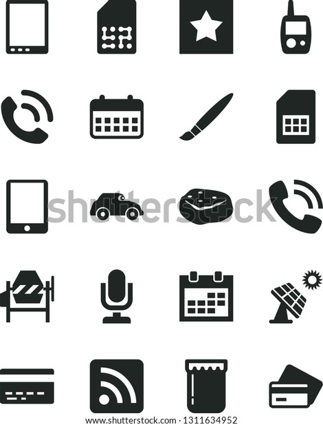 Solid Black Vector Icon Set - tassel vector, desktop\
microphone, calendar, bank card, rss feed, toy mobile phone,\
concrete mixer, call, piece of meat, jam, big solar panel, retro\
car, SIM, tablet pc