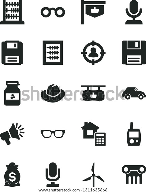 Solid Black Vector Icon Set - desktop microphone\
vector, hat, new abacus, toy mobile phone, estimate, jar of jam,\
windmill, retro car, vintage sign, antique advertising signboard,\
man in sight