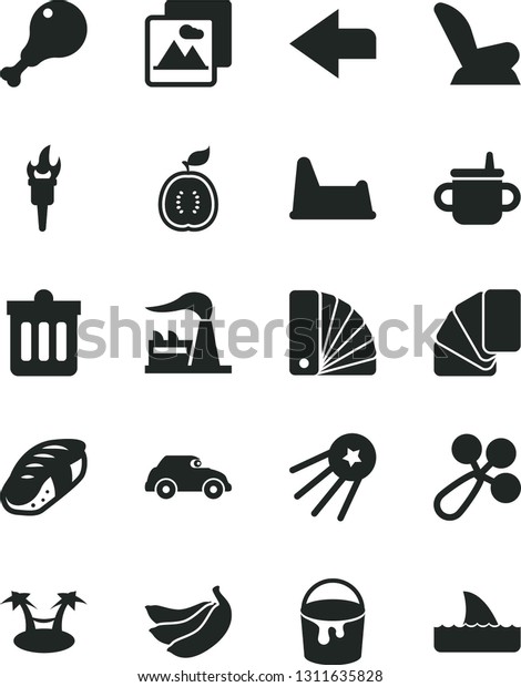 Solid Black Vector Icon Set - left direction\
vector, mug for feeding, baby rattle, car child seat, potty chair,\
paint bucket, color samples, sample of colour, dust bin, picture,\
chicken leg, sushi