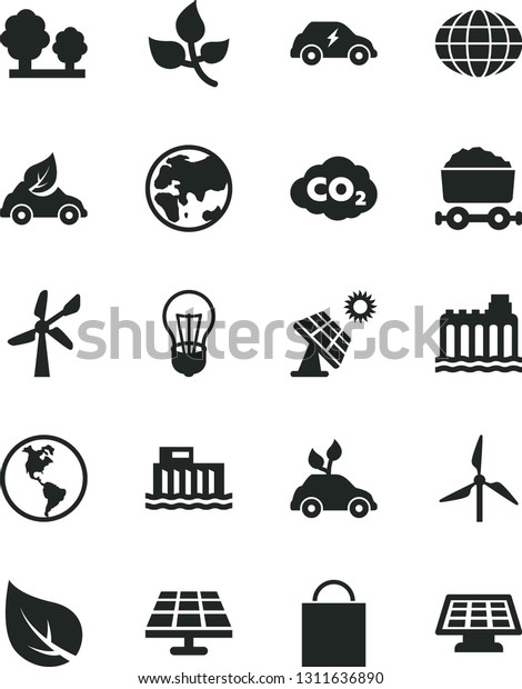 Solid Black Vector Icon Set - paper bag vector,\
solar panel, big, leaves, leaf, windmill, wind energy, planet,\
Earth, bulb, hydroelectric station, hydroelectricity, trees, eco\
car, electric, globe