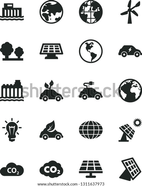 Solid Black Vector Icon Set - sign of the planet\
vector, solar panel, big, wind energy, Earth, hydroelectric\
station, hydroelectricity, trees, eco car, environmentally friendly\
transport, electric