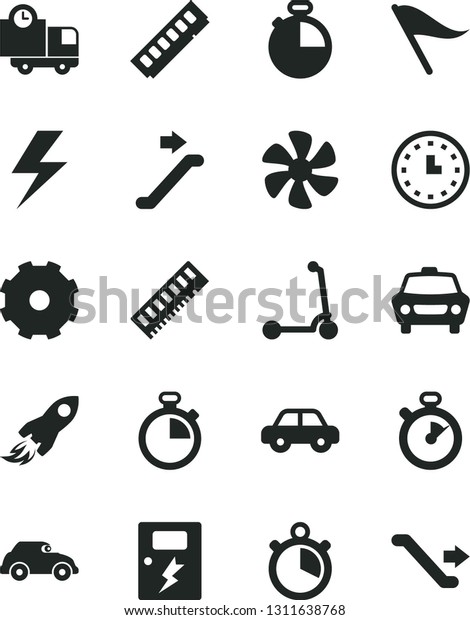 Solid Black Vector Icon Set - truck lorry vector,\
lightning, stopwatch, wind direction indicator, motor vehicle,\
child Kick scooter, dangers, timer, car, delivery, marine\
propeller, retro, memory