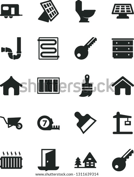 Solid Black Vector Icon Set - chest of drawers\
vector, house, building trolley, window frame, long meashuring\
tape, wooden paint brush, toilet, siphon, key, putty knife, heating\
coil, sun panel