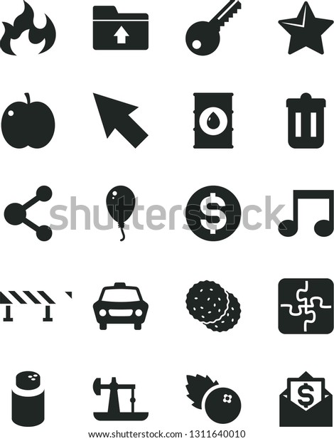 Solid Black Vector Icon Set - upload folder vector,
powder, balloon, Puzzles, key, road fence, star, car, blueberries,
biscuit, apple, oil derrick, connection, dollar, trash bin, note,
cursor, flame