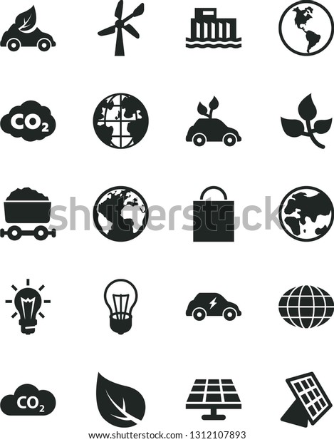 Solid Black Vector Icon Set - sign of the planet\
vector, paper bag, solar panel, leaves, leaf, wind energy, Earth,\
bulb, hydroelectric station, eco car, environmentally friendly\
transport, electric