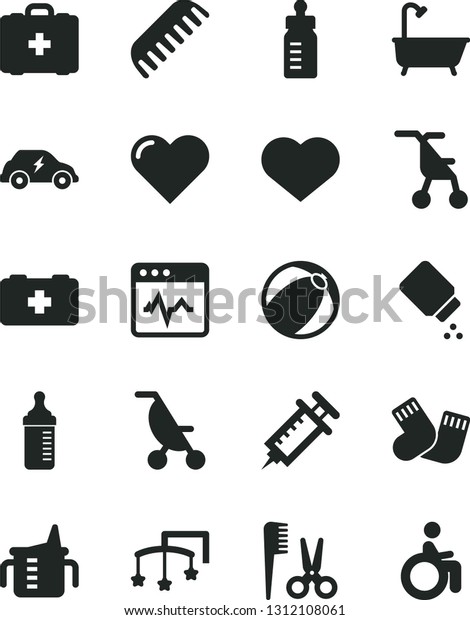 Solid Black Vector Icon Set - heart symbol vector,\
toys over the cot, measuring cup for feeding, bottle, baby powder,\
summer stroller, sitting, bath ball, accessories a hairstyle, comb,\
warm socks