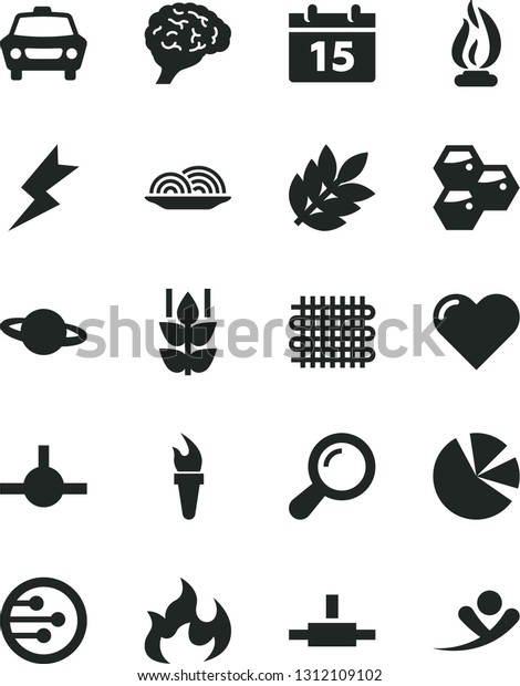 Solid Black Vector Icon Set - lightning vector,\
calendar, heart, car, planet, onion, mint, honeycombs, weaving, pie\
charts, network, connect, zoom, brain, flame, biology, torch,\
flying man