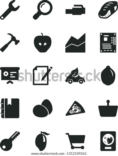 Solid Black Vector Icon Set - line chart\
vector, key, hammer with claw, notebook, notes, eggs, piece of\
pizza, sushi, tasty apple, mango, lime, eco car, repair, cart,\
shopping basket,\
motherboard