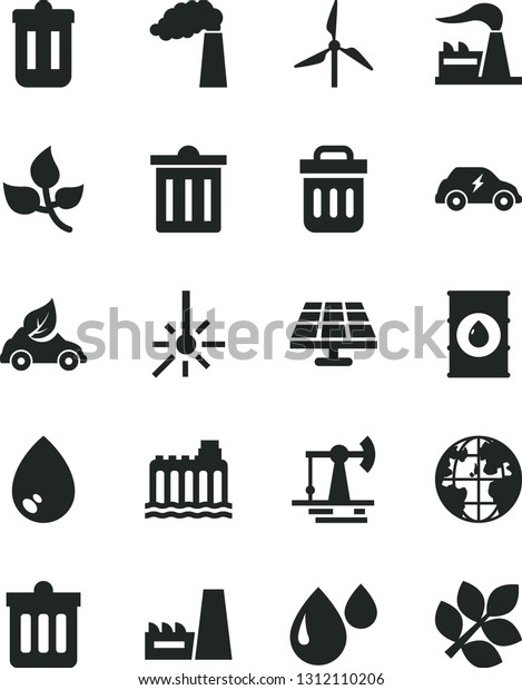 Solid Black Vector Icon Set - bin vector, dust,\
drop, solar panel, working oil derrick, leaves, windmill,\
manufacture, factory, hydroelectricity, thermal power plant, eco\
car, electric transport