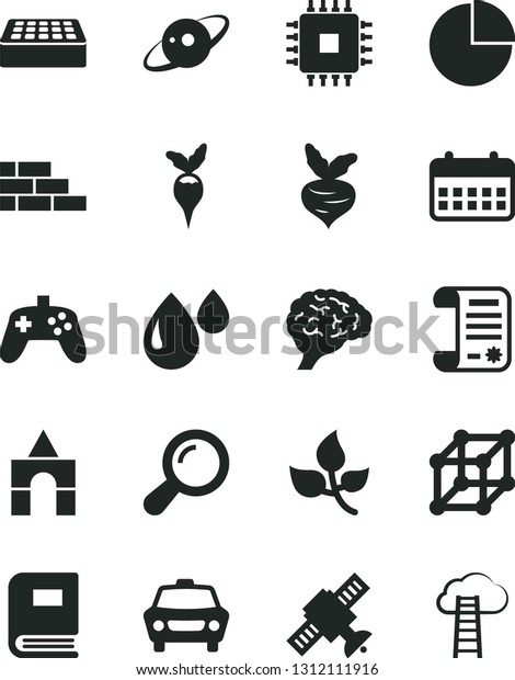 Solid Black Vector Icon Set - pie chart vector, box\
of bricks, brick wall, car, beet, radish, leaves, drop, research\
article, calendar, cpu, joystick, zoom, brain, satellite, book,\
saturn, 3d cube