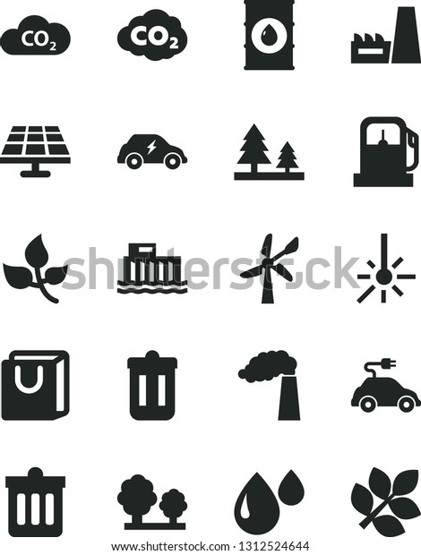 Solid Black Vector Icon Set - dust bin vector,\
bag with handles, solar panel, leaves, gas station, wind energy,\
manufacture, oil, hydroelectric, trees, forest, thermal power\
plant, drop, transport