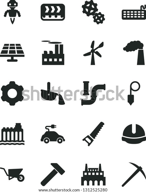 Solid Black Vector Icon Set - cogwheel vector,\
building trolley, hand saw, construction helmet, plummet, hammer,\
solar panel, wind energy, water pipes, manufacture,\
hydroelectricity,\
industrial