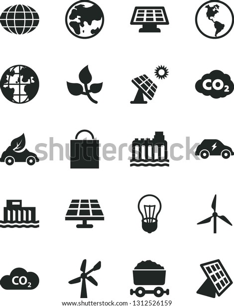 Solid Black Vector Icon Set - paper bag vector,\
solar panel, big, leaves, windmill, wind energy, planet, Earth,\
bulb, hydroelectric station, hydroelectricity, eco car, electric\
transport, CO2, globe