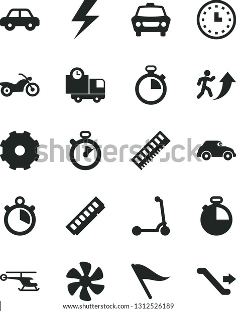 Solid Black Vector Icon Set - truck lorry vector,\
lightning, stopwatch, wind direction indicator, motor vehicle,\
child Kick scooter, timer, car, delivery, marine propeller, retro,\
wall watch, memory