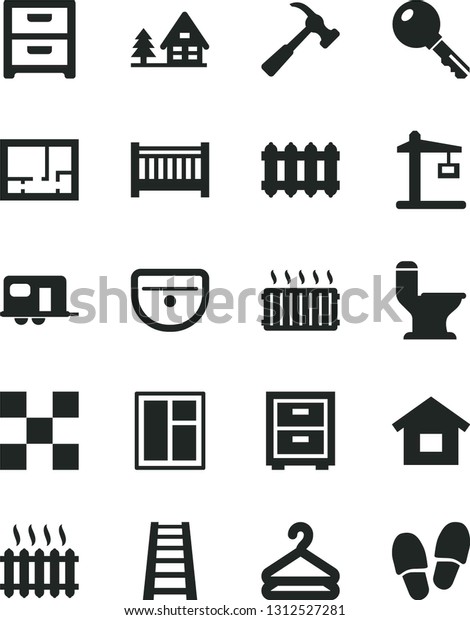 Solid Black Vector Icon Set - bedside table\
vector, baby cot, dwelling, window, stepladder, sink, comfortable\
toilet, lay out of flat, tile, new radiator, hammer with claw, key,\
nightstand, hanger