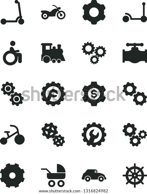 Solid Black Vector Icon Set - truck lorry\
vector, baby carriage, children\'s train, tricycle, Kick scooter,\
child, cogwheel, gear, star, valve, gears, retro car, three,\
dollar, motorcycle,\
disabled