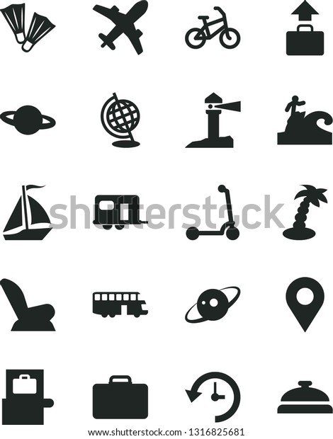 Solid Black Vector Icon Set - car child seat\
vector, Kick scooter, planet, coastal lighthouse, location,\
history, globe, saturn, camper, bus, sail boat, bike, suitcase,\
baggage scanner, plane