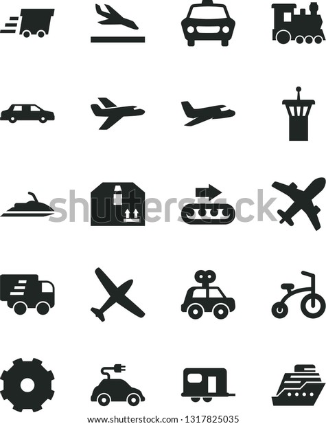 Solid Black Vector Icon Set - truck lorry\
vector, motor vehicle present, child bicycle, car, cardboard box,\
production conveyor, electric, urgent cargo, Express delivery,\
private plane, limousine