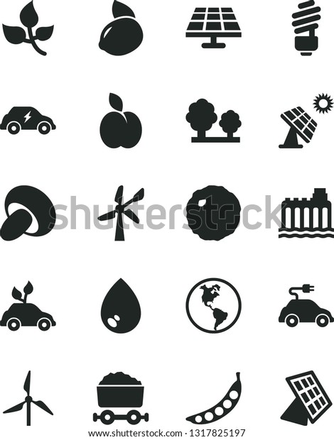 Solid Black Vector Icon Set - saving light bulb\
vector, drop, porcini, cabbage, apple, yellow lemon, peas, solar\
panel, big, leaves, windmill, wind energy, planet Earth,\
hydroelectricity, trees,\
sun