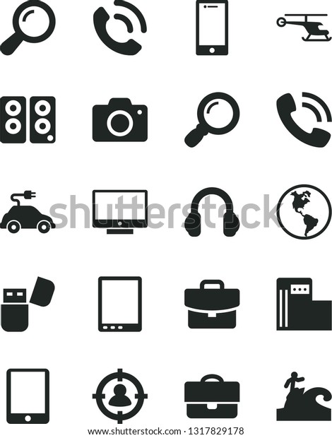 Solid Black Vector Icon Set - camera vector, screen,\
smartphone, suitcase, phone call, modern gas station, planet Earth,\
electric car, portfolio, man in sight, tablet pc, usb flash,\
headphones, zoom