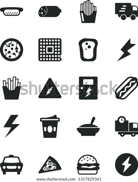 Solid Black Vector Icon Set - lightning vector,
dangers, car, delivery, sausage, pizza, piece of, Hot Dog, mini,
burger, a bowl buckwheat porridge, French fries, fried potato
slices, coffe to go