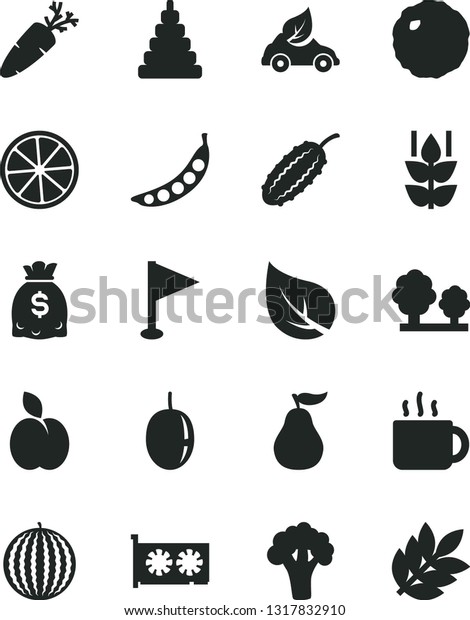 Solid Black Vector Icon Set - pennant vector,\
stacking toy, cabbage, carrot, cup of tea, apple, mint, water\
melon, passion fruit, slice lemon, ripe guava, peas, broccoli,\
cucumber, leaf, trees