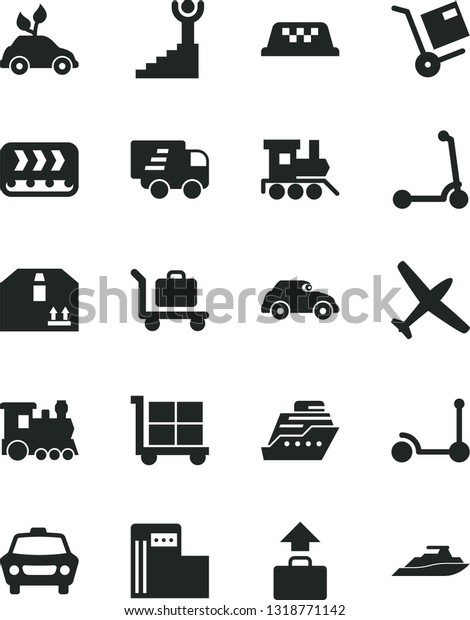 Solid Black Vector Icon Set - cargo trolley vector,
baby toy train, Kick scooter, child, car, cardboard box, shipment,
modern gas station, conveyor, environmentally friendly transport,
retro, plane