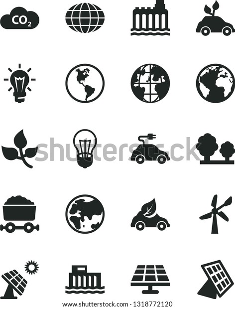Solid Black Vector Icon Set - sign of the planet\
vector, solar panel, big, leaves, wind energy, Earth, bulb,\
hydroelectric station, hydroelectricity, trees, eco car, electric,\
CO2, trolley with coal