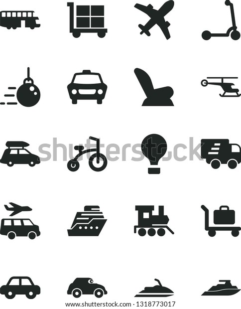Solid Black Vector Icon Set - cargo trolley\
vector, car child seat, motor vehicle, baby toy train, bicycle,\
Kick scooter, big core, retro, Express delivery, helicopter,\
baggage, bus, air\
balloon