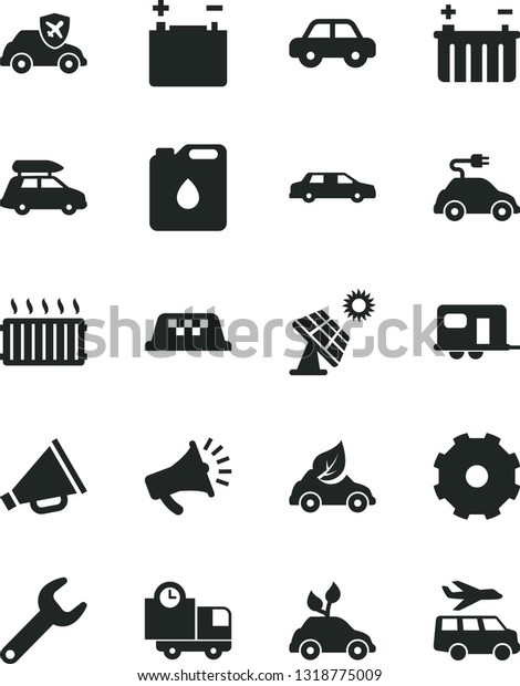 Solid Black Vector Icon Set - truck lorry vector,
horn, motor vehicle, delivery, big solar panel, accumulator,
battery, canister of oil, eco car, environmentally friendly
transport, electric,
camper
