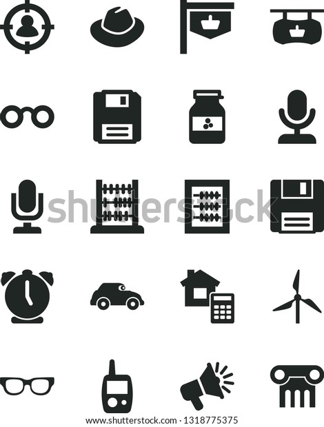 Solid Black Vector Icon Set - desktop\
microphone vector, hat, new abacus, toy mobile phone, estimate,\
alarm clock, jar of jam, windmill, retro car, vintage sign, antique\
advertising signboard