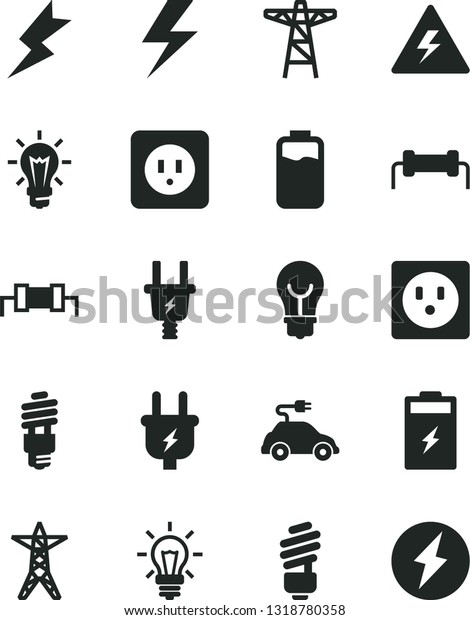 Solid Black Vector Icon Set - lightning vector,\
danger of electricity, saving light bulb, power socket type b,\
charge level, charging battery, line, pole, plug, electric, energy,\
car, resistor