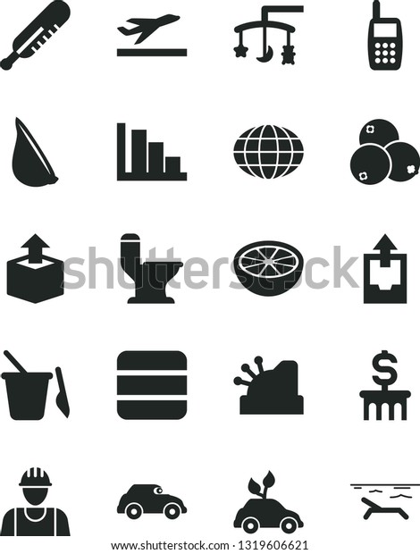 Solid Black Vector Icon Set - positive histogram\
vector, upload archive data, toys over the cradle, mercury\
thermometer, children\'s sand set, builder, comfortable toilet,\
unpacking, garlic, globe