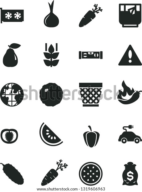Solid\
Black Vector Icon Set - warning vector, wicker pot, building level,\
cabbage, cucumber, carrot, a glass of tea, mint, pear, slice water\
melon, half passion fruit, tomato, ripe pepper,\
hot