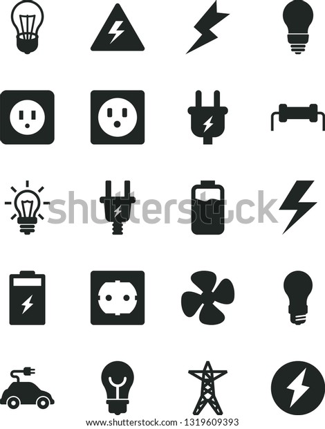 Solid\
Black Vector Icon Set - lightning vector, danger of electricity,\
bulb, power socket type b, f, fan screw, charge level, charging\
battery, light, line, plug, electric, car,\
resistor
