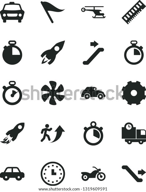 Solid Black Vector Icon Set - truck lorry vector,\
stopwatch, wind direction indicator, motor vehicle, timer, car,\
delivery, marine propeller, retro, rocket, space, wall watch,\
memory, man arrow up
