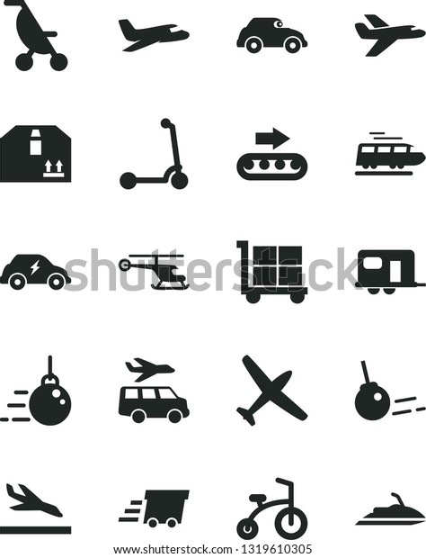 Solid Black Vector Icon Set - cargo trolley vector,
summer stroller, child bicycle, Kick scooter, big core, cardboard
box, production conveyor, electric transport, retro car, urgent,
private plane