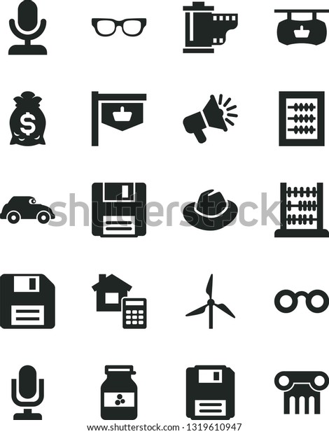 Solid Black Vector Icon Set - desktop microphone\
vector, floppy disk, hat, camera roll, new abacus, estimate, jar of\
jam, windmill, retro car, vintage sign, antique advertising\
signboard, glasses