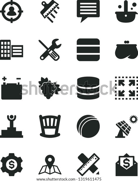 Solid Black Vector Icon Set - image of thought\
vector, cradle, bath ball, small tools, city block, writing\
accessories, spatula, map, size, branch grape, big solar panel,\
accumulator, metallurgy