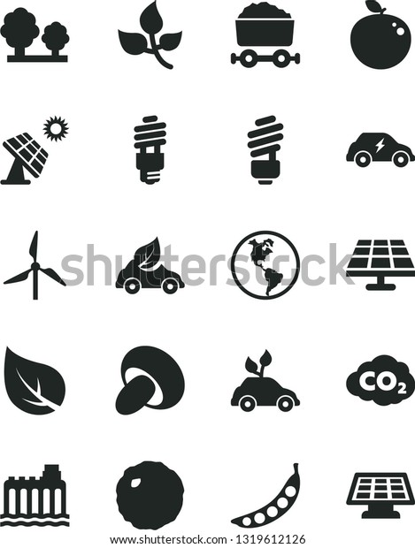 Solid Black Vector Icon Set - saving light bulb\
vector, porcini, cabbage, delicious apple, peas, solar panel, big,\
leaves, leaf, windmill, planet Earth, hydroelectricity, trees,\
energy, eco car, sun