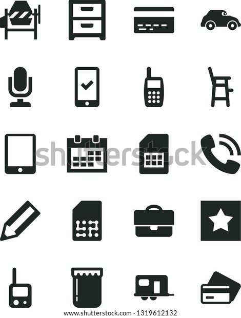 Solid Black Vector Icon Set - desktop microphone\
vector, calendar, bank card, toy phone, a chair for feeding child,\
concrete mixer, nightstand, jam, retro car, SIM, portfolio, pencil,\
call, mobile