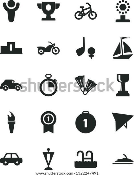 Solid Black Vector Icon Set - stopwatch\
vector, motor vehicle, retro car, flame torch, winner, pedestal,\
prize, cup, gold, pennant, first place medal, with, sail boat, hang\
glider, bike, motorcycle