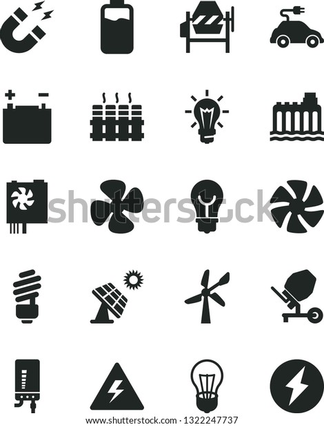 Solid Black Vector Icon Set - danger of\
electricity vector, concrete mixer, saving light bulb, radiator,\
electronic boiler, fan screw, charge level, big solar panel, wind\
energy, accumulator,\
magnet