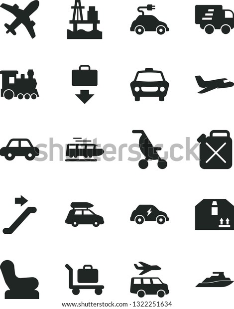 Solid Black Vector Icon Set - Baby chair\
vector, summer stroller, motor vehicle, car, cardboard box, sea\
port, canister, electric, transport, Express delivery, plane,\
train, baggage,\
escalator