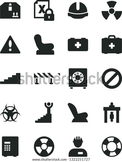 Solid Black Vector Icon Set - warning vector,\
prohibition, Baby chair, car child seat, bag of a paramedic,\
medical, workman, construction helmet, road fence, strongbox,\
cardboard box,\
encrypting