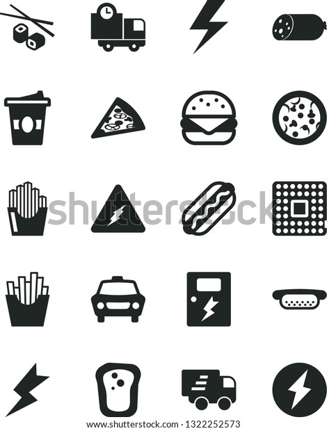 Solid Black Vector Icon Set - lightning vector,\
dangers, car, delivery, sausage, pizza, piece of, Hot Dog, mini,\
big burger, French fries, fried potato slices, Chinese chopsticks,\
coffe to go