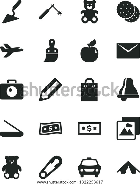 Solid Black Vector Icon Set - bell vector, safety\
pin, teddy bear, small, building trowel, plastic brush, envelope,\
picture, camera, car, biscuit, apricot, welding, pencil, bag,\
scanner, dollar