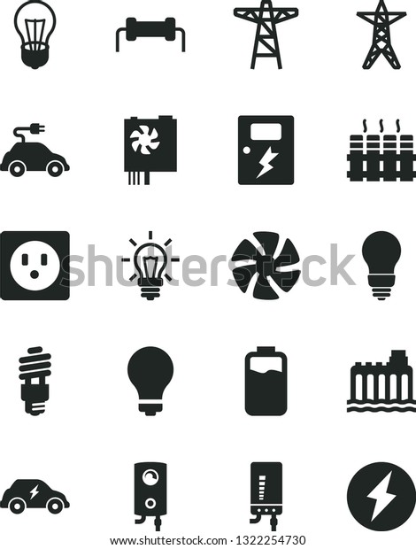 Solid Black Vector Icon Set - matte light bulb\
vector, dangers, radiator, boiler, electronic, charge level,\
hydroelectricity, power line, pole, socket, energy saving, electric\
car, transport, fan