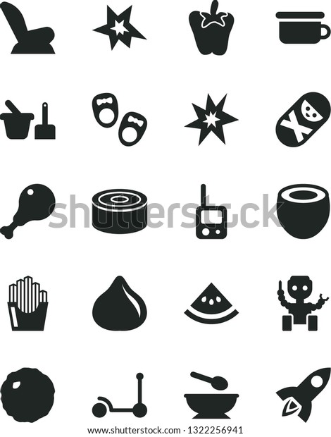 Solid Black Vector Icon Set - car child seat vector,\
tumbler, toy phone, sand set, deep plate with a spoon, children\'s\
potty, Kick scooter, shoes for little children, canned goods,\
chicken leg, fig