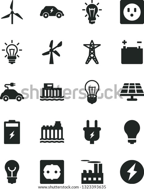 Solid Black Vector Icon Set - matte light bulb\
vector, power socket type f, charging battery, solar panel,\
windmill, wind energy, accumulator, hydroelectric station,\
hydroelectricity, line,\
plug